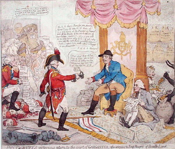 Zwycięski powrót Pantagruela na dwór Gargantui po wytępieniu „Zupy-Meagres z Ziemi Bouaille”, wydanej przez Hannah Humphrey w 1794 r. (akwaforta ręcznie kolorowana) autorstwa James Gillray