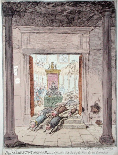 Reforma parlamentarna lub szczury opozycji opuszczające dom, który podkopali, opublikowana przez Hannah Humphrey w 1797 r. (akwaforta ręcznie kolorowana) autorstwa James Gillray