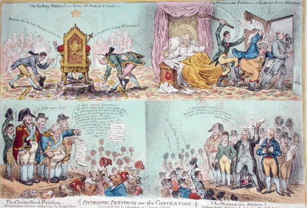 Petycje patriotyczne w sprawie Konwencji, wydane przez Hannah Humphrey (akwaforta ręcznie kolorowana) autorstwa James Gillray