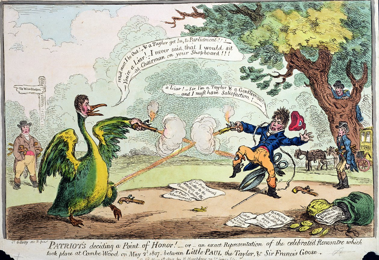 Patrioci rozstrzygający kwestię honoru! lub Dokładne przedstawienie Rencontre, które miało miejsce w Coombe Wood 2 maja 1807 roku pomiędzy Małym Pawłem Taylorem i Sir Francisem Goose, opublikowane przez Hannah autorstwa James Gillray