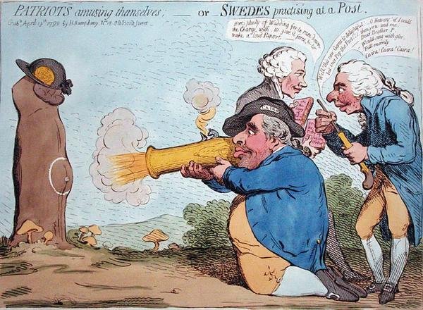 Patrioci bawiący się, czyli Szwedzi ćwiczący w poczcie, wyd. Hannah Humphrey w 1792 r. (akwaforta ręcznie kolorowana) autorstwa James Gillray