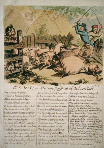 Mięso świni, czyli świnia wychłostane z podwórka, opublikowane przez Hannah Humphrey w 1798 r. (akwaforta ręcznie kolorowana) autorstwa James Gillray