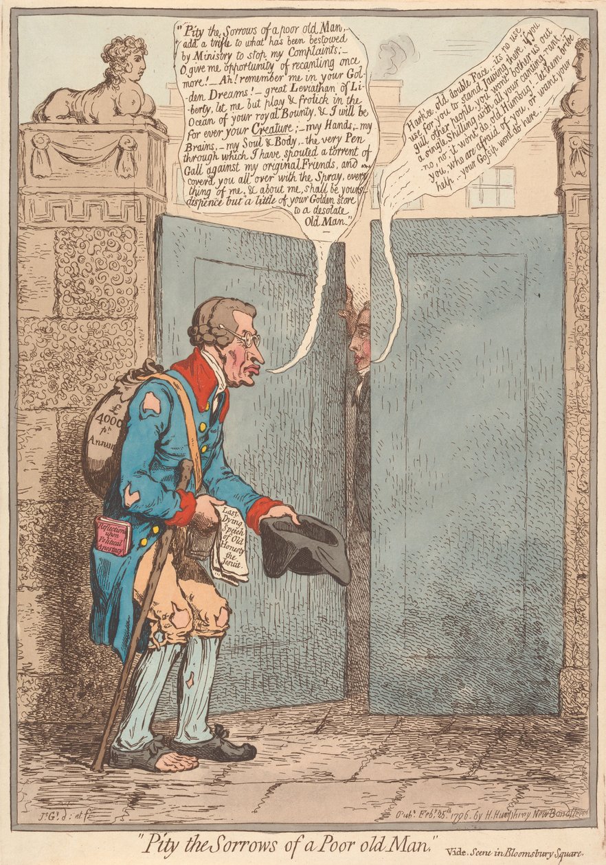Współczujcie nieszczęściom biednego starca – zobaczcie scenę na Bloomsbury Square autorstwa James Gillray