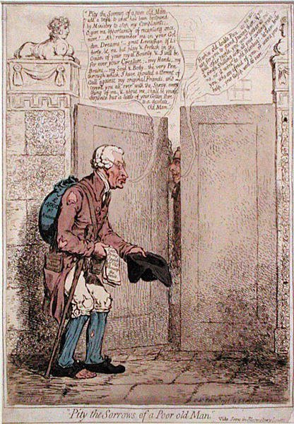 Szkoda smutków biednego starego człowieka, wydana przez Hannah Humphrey w 1796 r. (akwaforta ręcznie kolorowana) autorstwa James Gillray