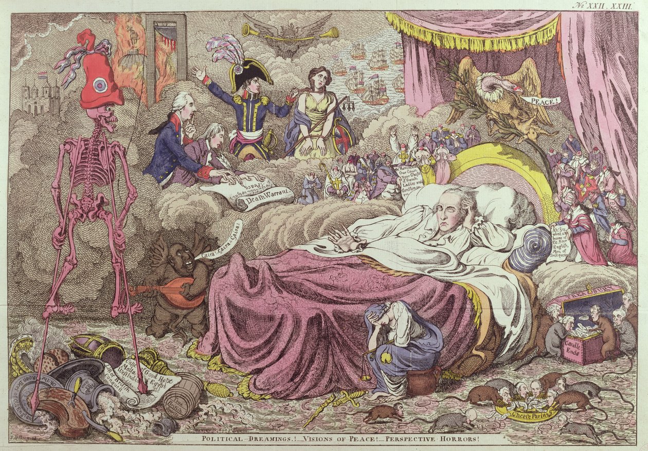 „Sny polityczne, wizje pokoju, perspektywiczne horrory”, karykatura na temat pokoju w Amiens, 25 marca 1802 r. (kolor grawerowany) autorstwa James Gillray