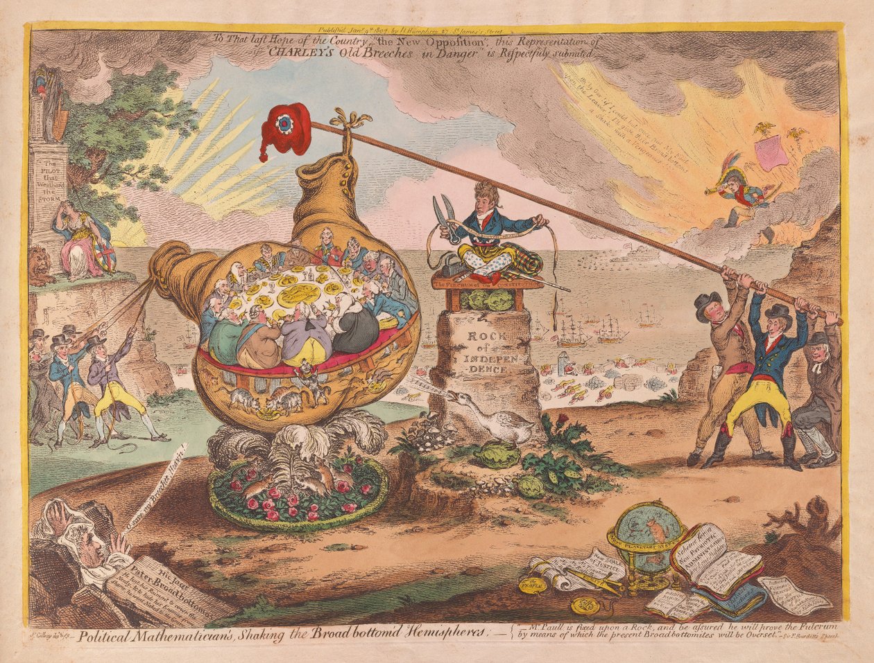 Matematycy polityczni potrząsający tablicą Półkule, wyd. 1807 (grawerowanie ręcznie kolorowane) autorstwa James Gillray
