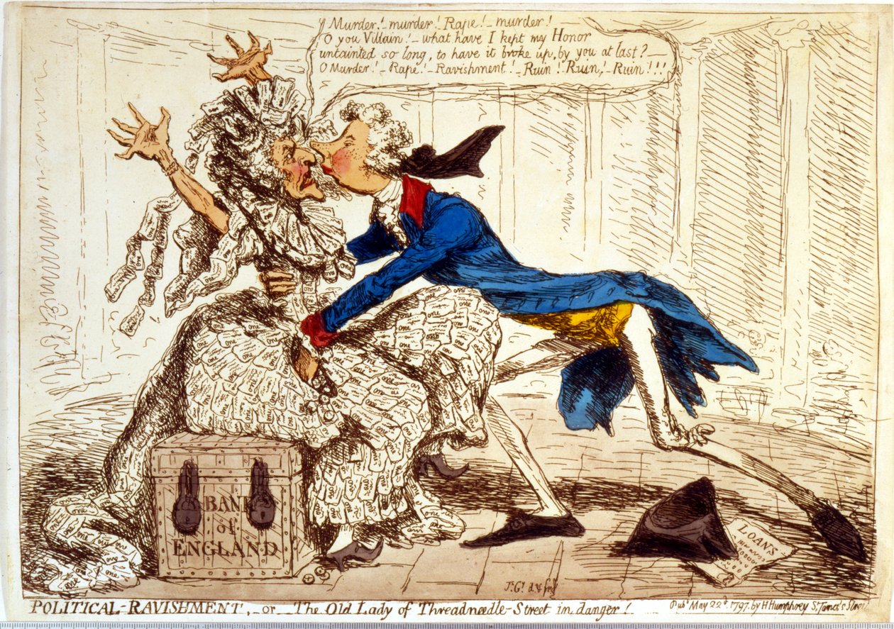 "Political Ravishment - czyli starsza pani z Threadneedle Street w niebezpieczeństwie!" autorstwa James Gillray