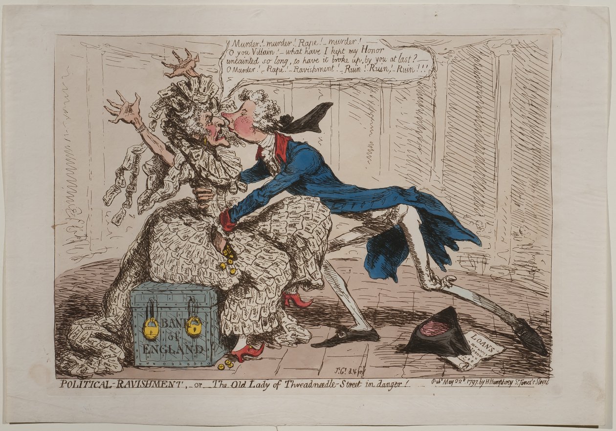 Zwariowanie polityczne, czyli The Old Lady of Threadneedle Street w niebezpieczeństwie!, opublikowane przez Hannah Humphrey, 1797 (akwaforta ręcznie kolorowana) autorstwa James Gillray