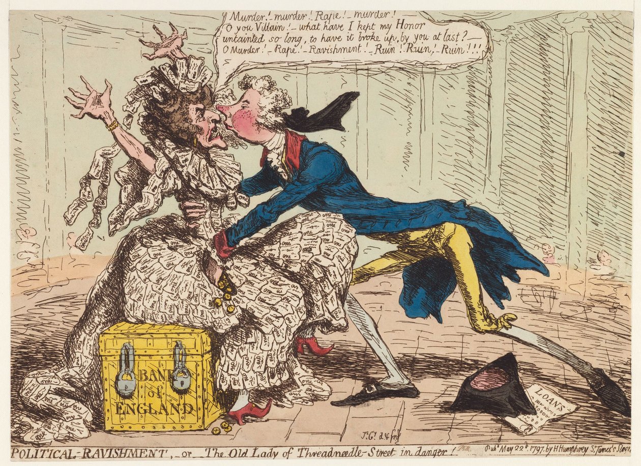 Polityczne szaleństwo, czyli Stara Dama z Threadneedle Street w niebezpieczeństwie!, 1797 autorstwa James Gillray