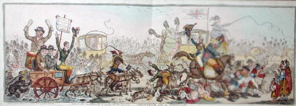 Wysłanie na wybory: scena na drodze do Brentford, opublikowana przez Hannah Humphrey w 1806 r. (akwaforta ręcznie kolorowana) autorstwa James Gillray