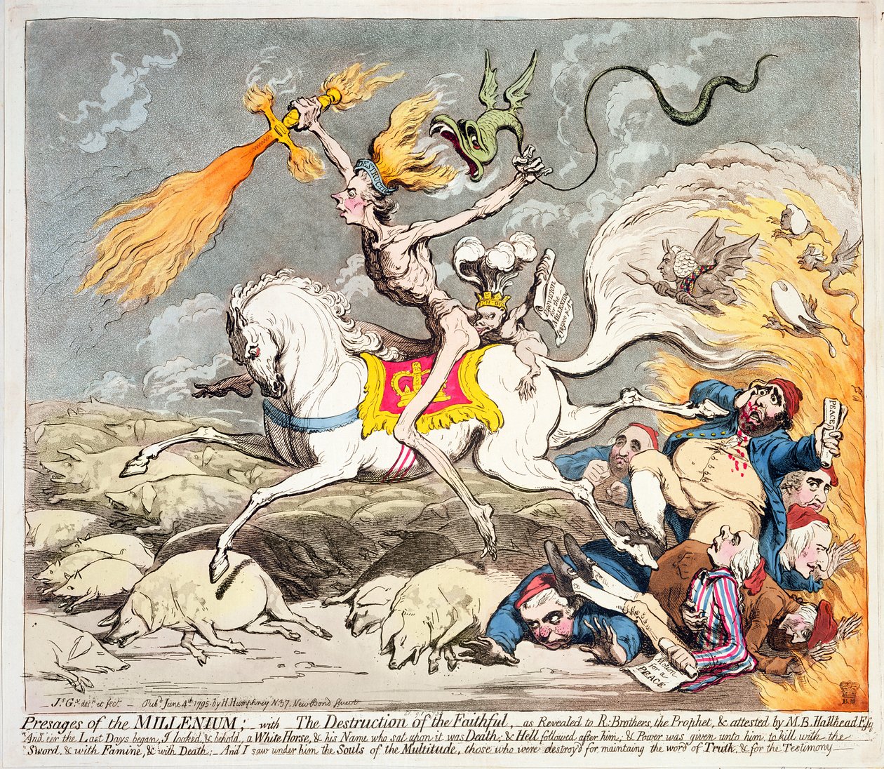 Presages of the Millennium, wydane przez Hannah Humphrey w 1795 (akwaforta kolorowa, grawerowanie i akwatinta) autorstwa James Gillray