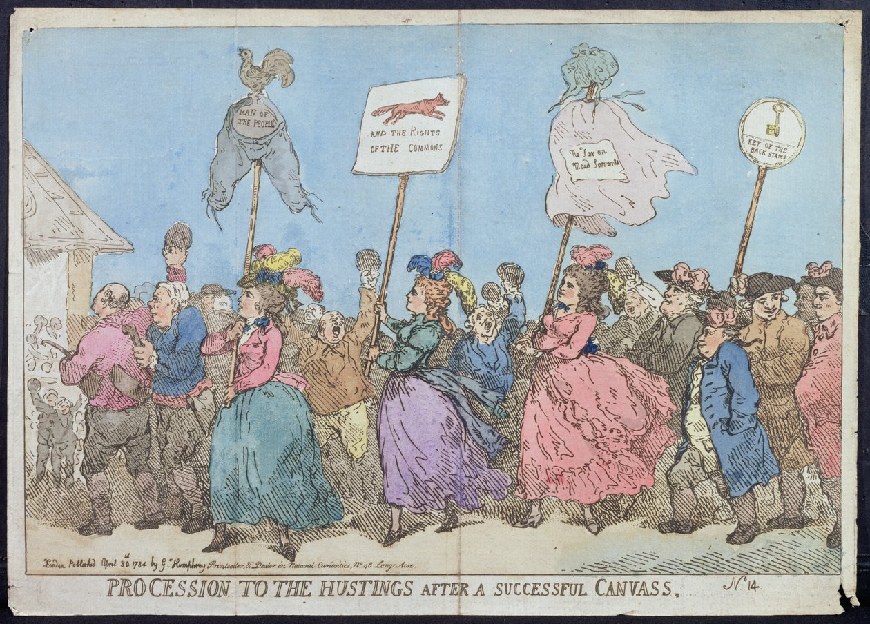 Procesja do Hustingów po udanym płótnie, wydana przez G. Humphreya w 1784 r. (akwaforta ręcznie kolorowana) autorstwa James Gillray