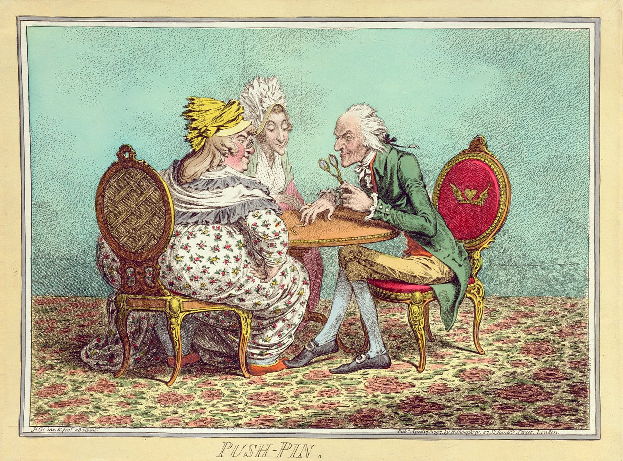 Push-Pin, wydany przez Hannah Humphrey w 1797 roku (akwaforta ręcznie kolorowana) autorstwa James Gillray