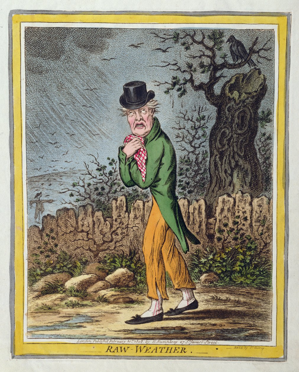 Raw Weather, opublikowana przez Hannah Humphrey w 1808 r. (akwaforta ręcznie kolorowana) autorstwa James Gillray