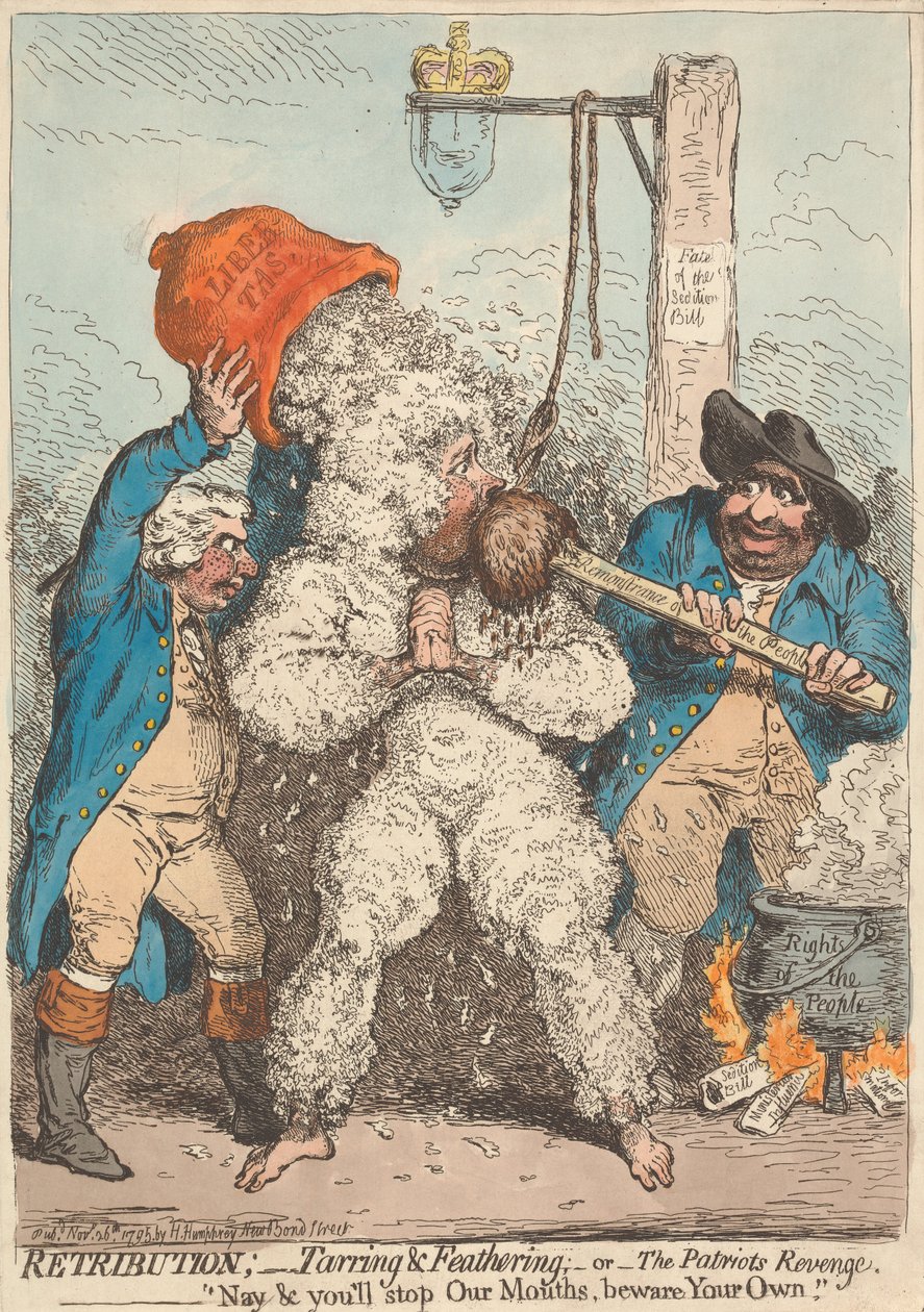 Odpłata - smołowanie i pierzenie - albo - Zemsta patriotów - „No, zatkacie nam usta, strzeżcie swoich własnych” autorstwa James Gillray