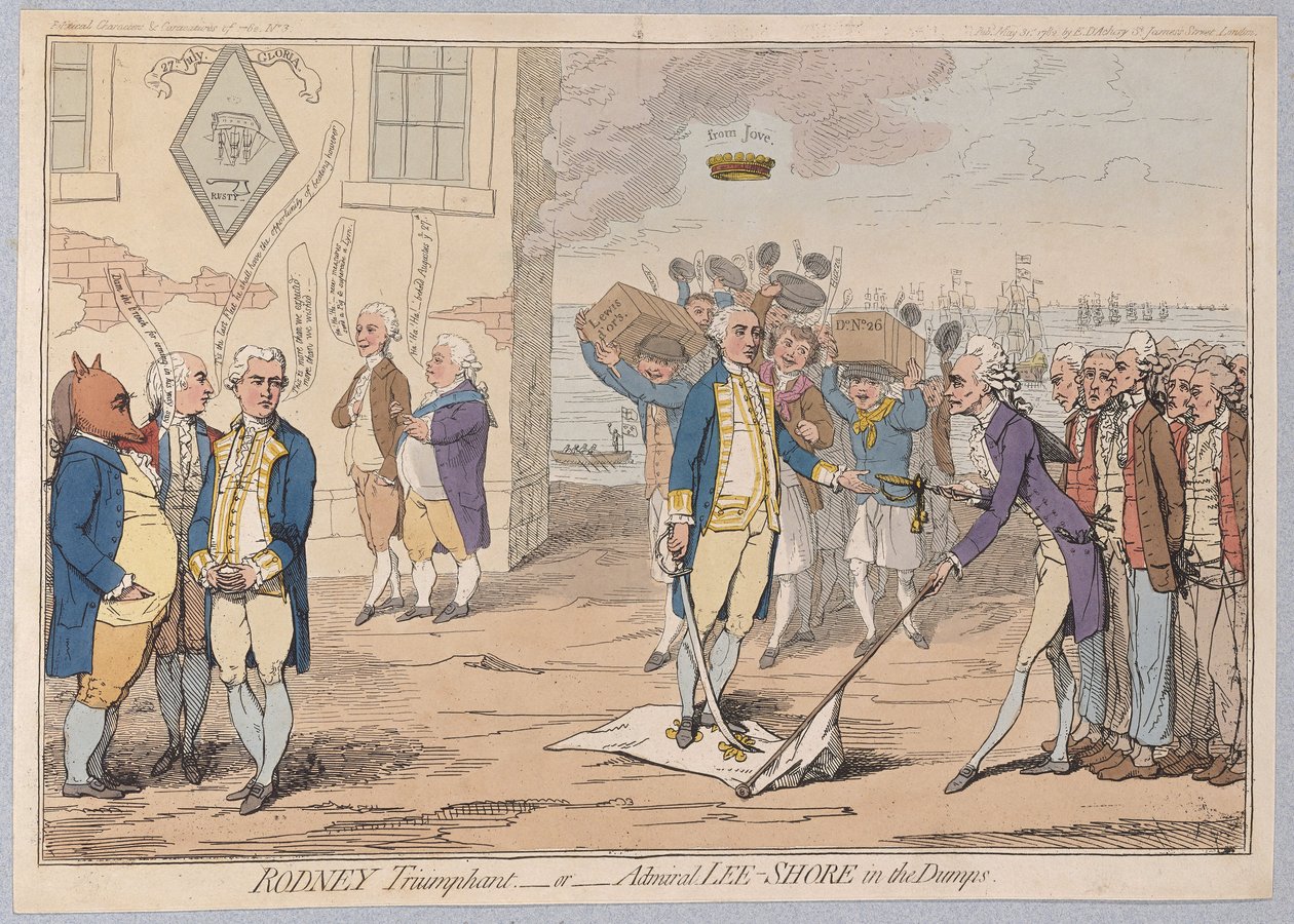 Rodney Triumphant lub Admiral LeeShore in the Dumps, pub 1782 (ręcznie kolorowy grawerunek) autorstwa James Gillray