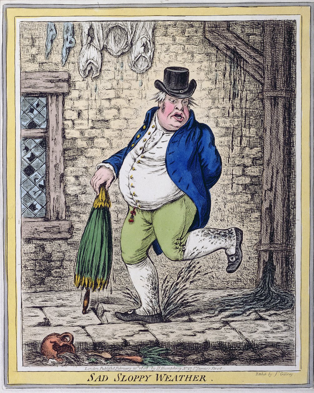 Sad Sloppy Weather, opublikowana przez Hannah Humphrey w 1808 r. (akwaforta ręcznie kolorowana) autorstwa James Gillray