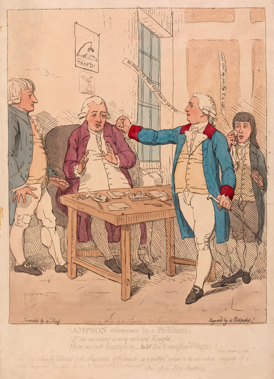 Sampson pokonany przez Filistaina, wyd. 1782 (grawerowanie ręcznie kolorowane) autorstwa James Gillray