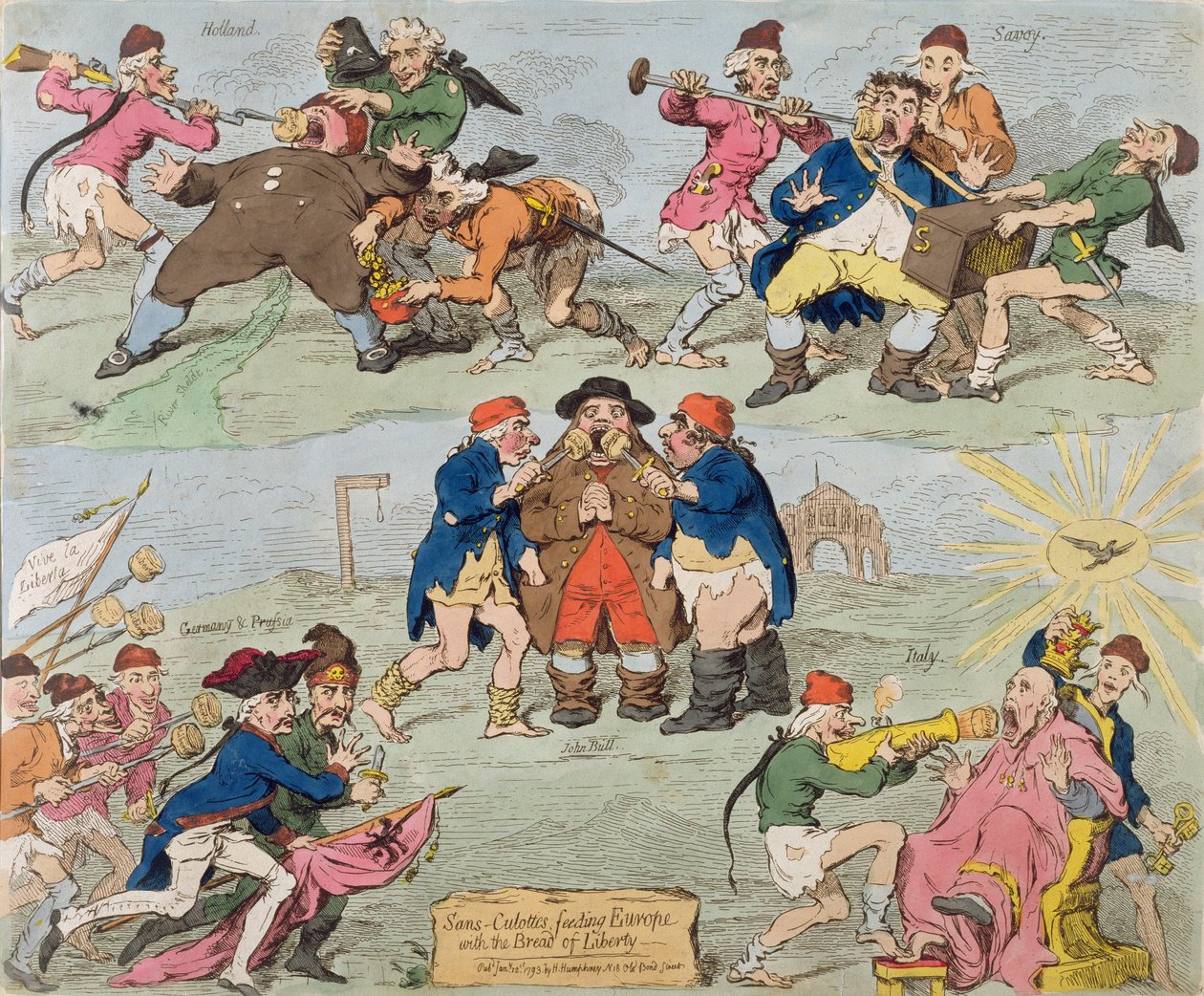 Sans-Culottes Feeding Europe with the Bread of Liberty, wyd. Hannah Humphrey w 1793 r. (akwaforta ręcznie kolorowana) autorstwa James Gillray