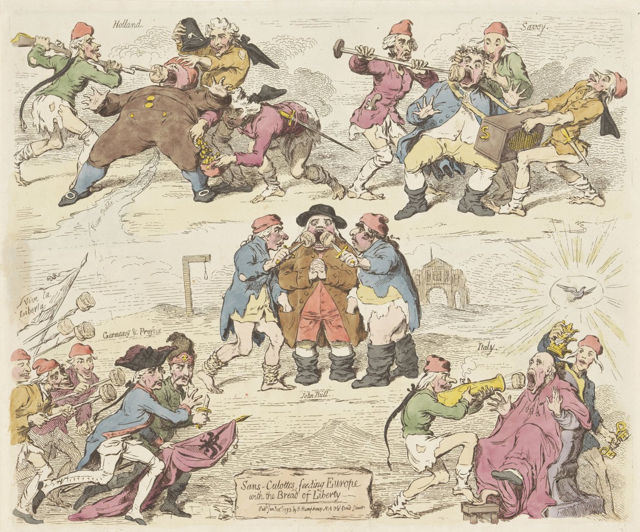 Sankulotowie karmią Europę chlebem wolności, 1793 Sans-kulotci, karmiący Europę Chlebem Wolności (tytuł na obiekcie) autorstwa James Gillray
