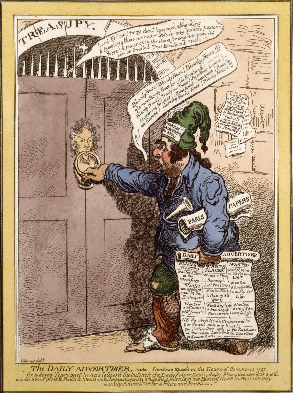 Karykatura satyryczna w Daily Advertiser dotycząca przemówienia Dundas w Izbie Gmin, 1797 autorstwa James Gillray