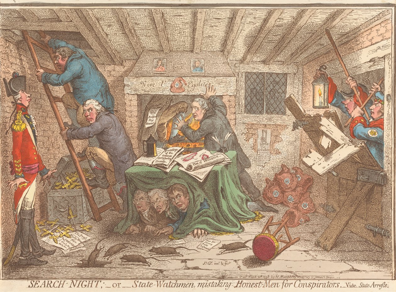 Nocne rewizje; – lub – funkcjonariusze państwowi, mylący uczciwych ludzi ze spiskowcami – zob. aresztowania państwowe autorstwa James Gillray