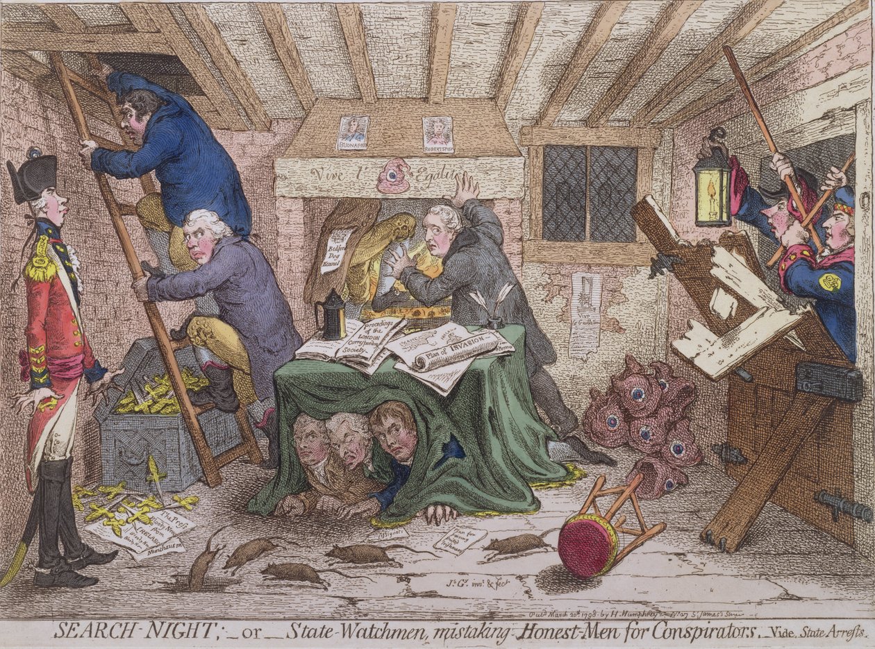 Search Night, czyli The State Watchmen Mistaking Honest-men for Conspiraators, opublikowana przez Hannah Humphrey w 1798 r. (akwaforta ręcznie kolorowana) autorstwa James Gillray