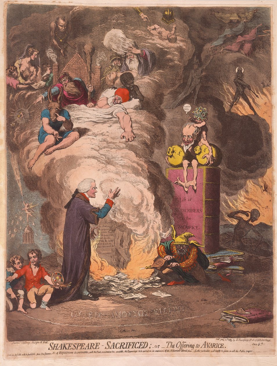 Szekspir złożony w ofierze lub Ofiara skąpstwa, wyd. 1789 (grawerowanie ręcznie kolorowane) autorstwa James Gillray