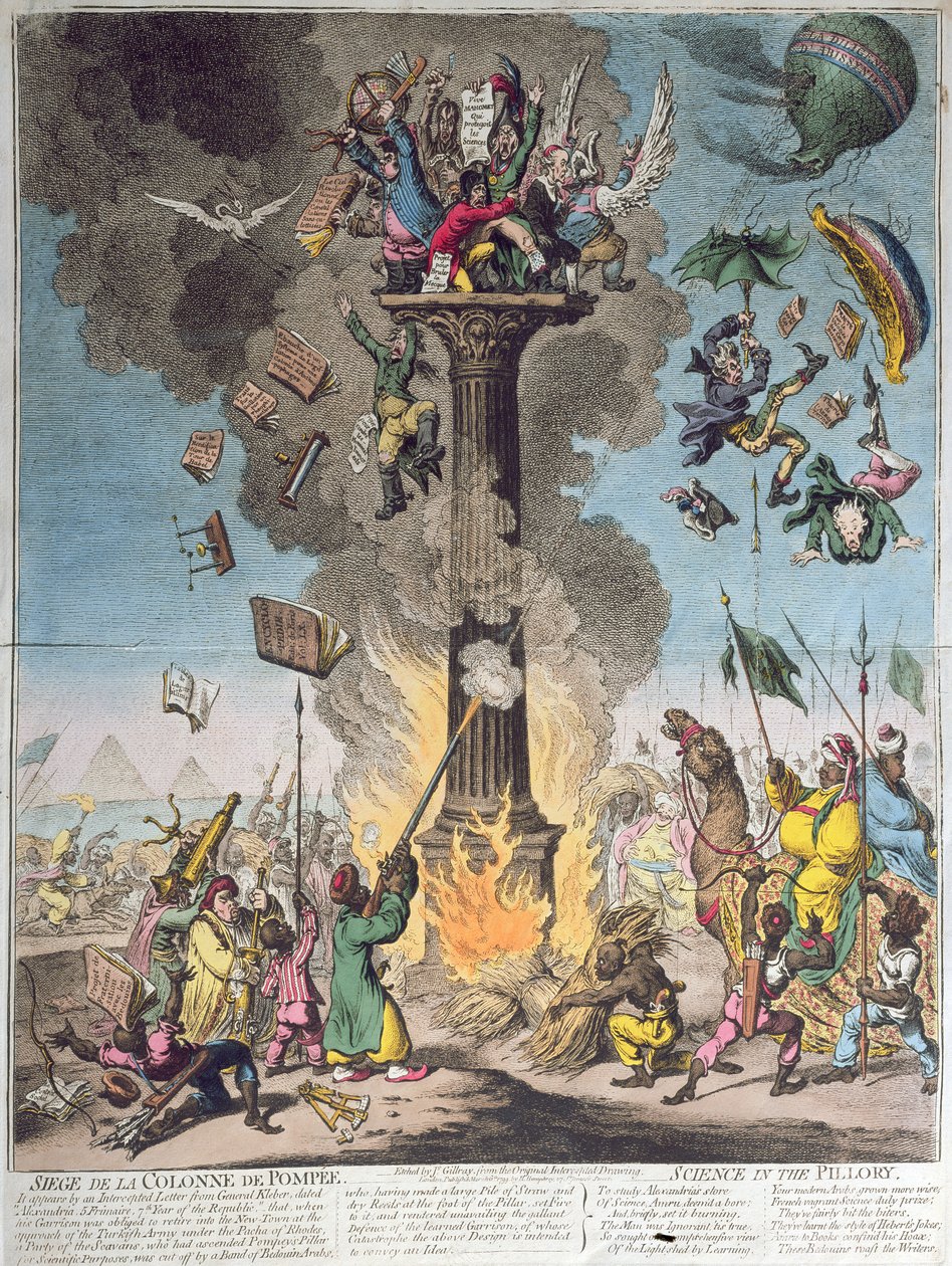 Siege de la Colonne de Pompee lub Science in the Pillory, opublikowane przez H. Humphrey w 1799 (akwaforta, grawerowanie i wc) autorstwa James Gillray