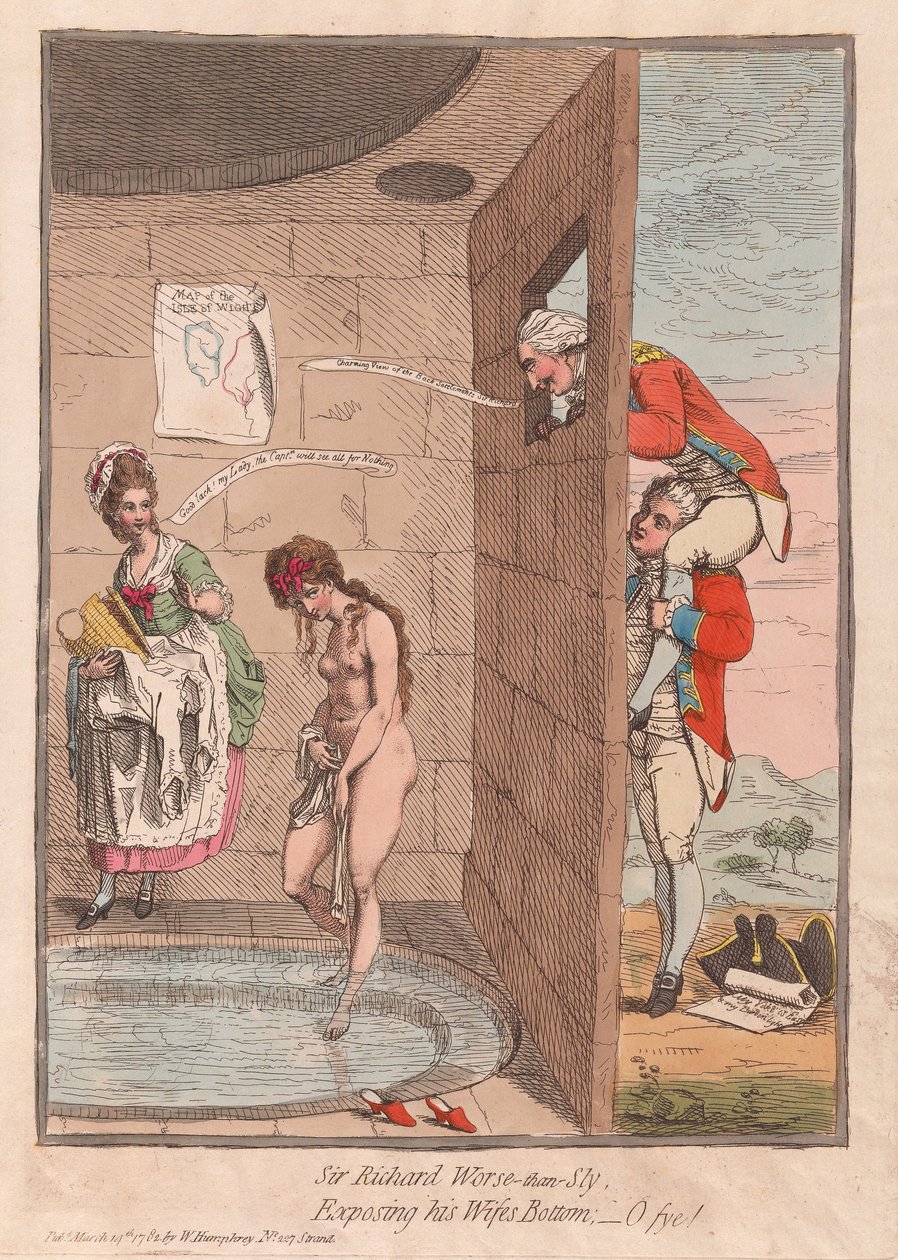 Sir Richard Gorszy niż Sly, Odsłaniając dno swojej żony – O fye!, wyd. 1782 (grawerowanie ręcznie kolorowane) autorstwa James Gillray