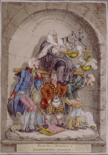 Szkic do pomnika rozczarowanej sprawiedliwości, opublikowany przez Hannah Humphrey w 1806 r. (akwaforta ręcznie kolorowana) autorstwa James Gillray