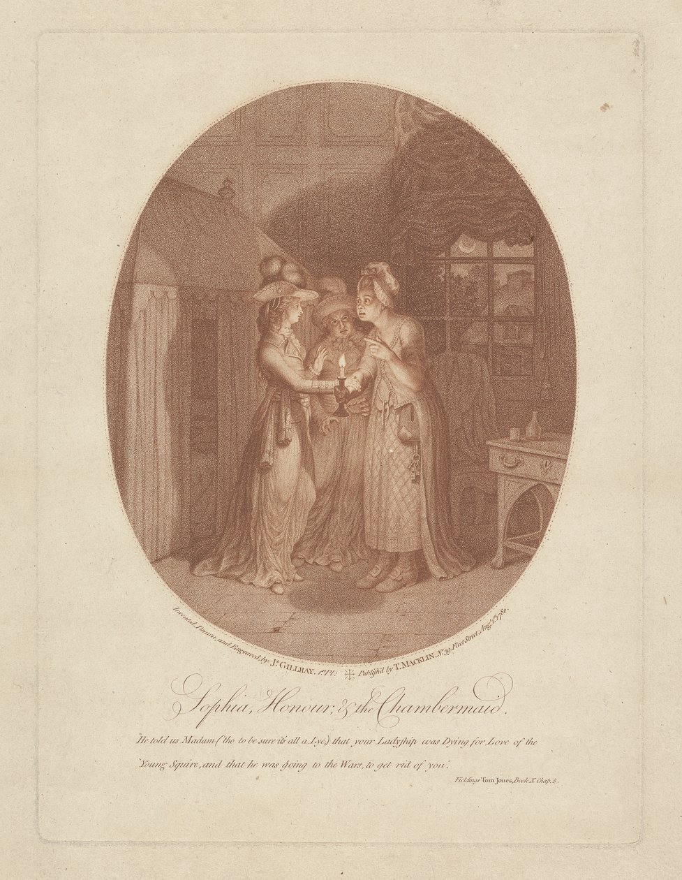 Zofia, Honor i pokojówka, scena z Toma Jonesa autorstwa Henry Fieldinga (1707-54) (rycina kropkowana) autorstwa James Gillray