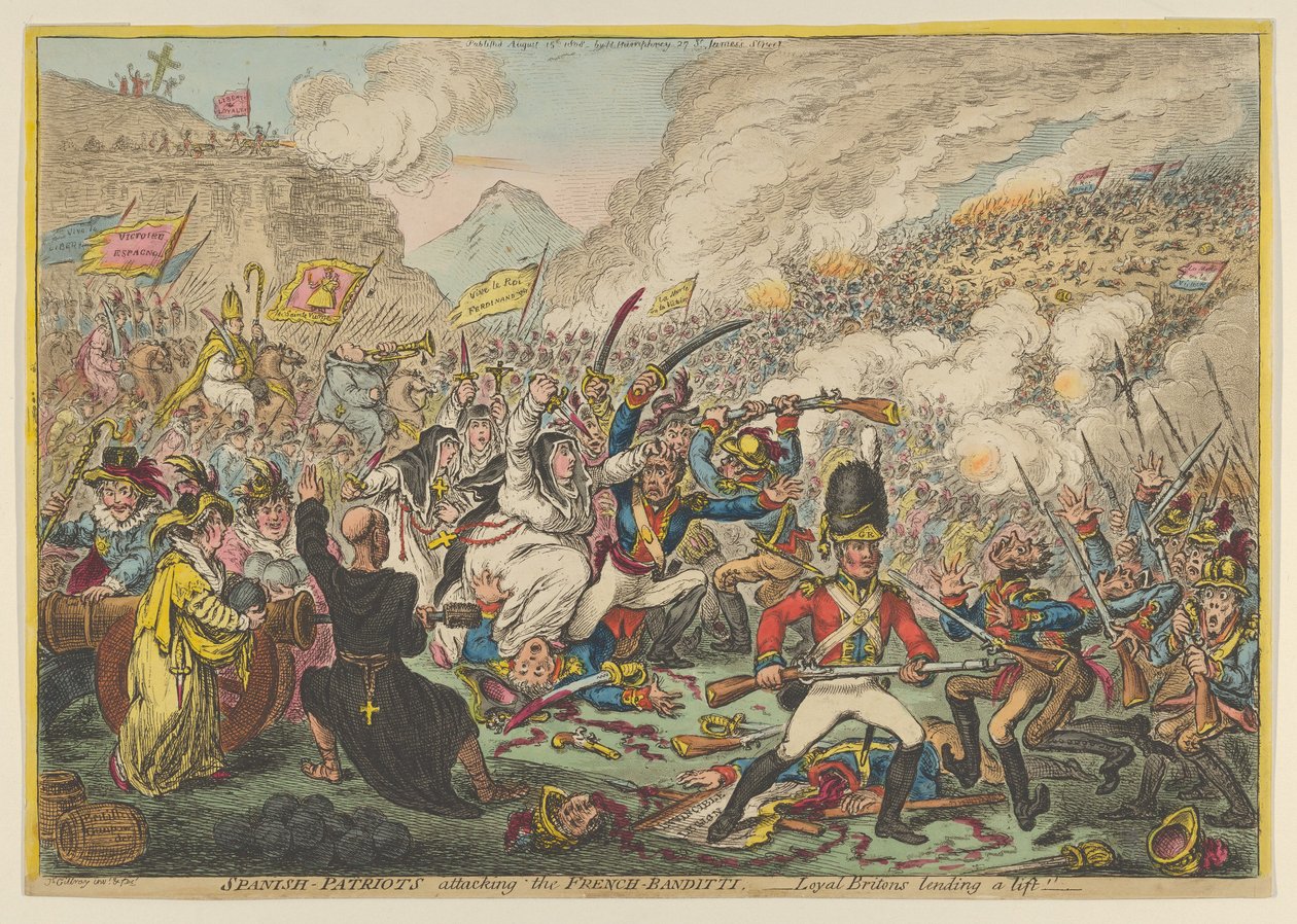 Hiszpańscy patrioci atakujący francusko-bandyckich lojalnych Brytyjczyków pożyczających windę, A..., 15 sierpnia 1808 r. autorstwa James Gillray