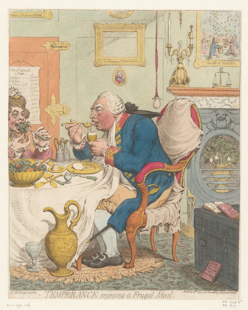 Spotprent op George III, 1792 Temperance delektuje się oszczędnym posiłkiem (tytuł na obiekcie) autorstwa James Gillray