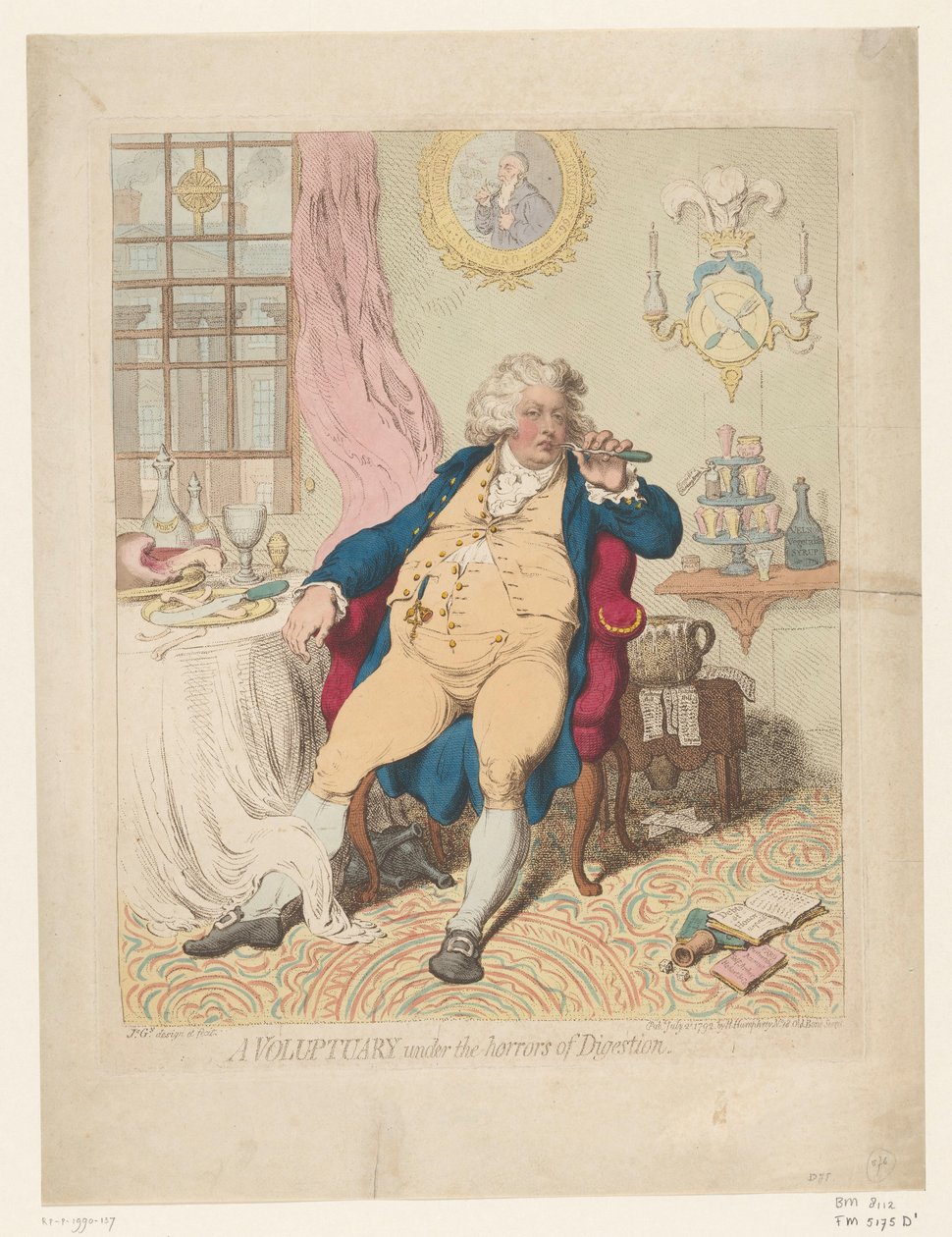 Spotprent op Jerzego IV, 1792 Voluptuary pod okropnościami Trawienia (tytuł na obiekcie) autorstwa James Gillray