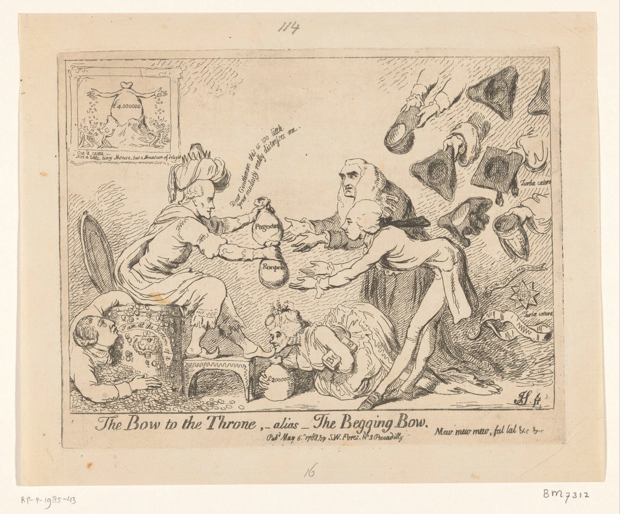 Spotprent op Warren Hastings, 1788 Ukłon przed tronem, -alias- Ukłon błagalny autorstwa James Gillray