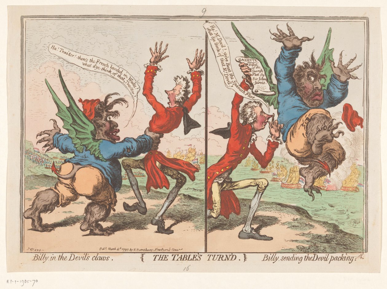 Spotprent op William Pitt i Charles Fox, 1797 Obrót stołu (tytuł na obiekcie) autorstwa James Gillray