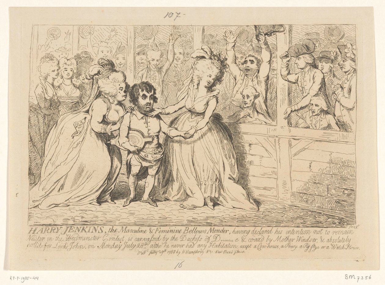 Karykatura angielskiej polityki wewnętrznej, 1788 Harry Jenkins, Męski i kobiecy mieszek naprawiający autorstwa James Gillray