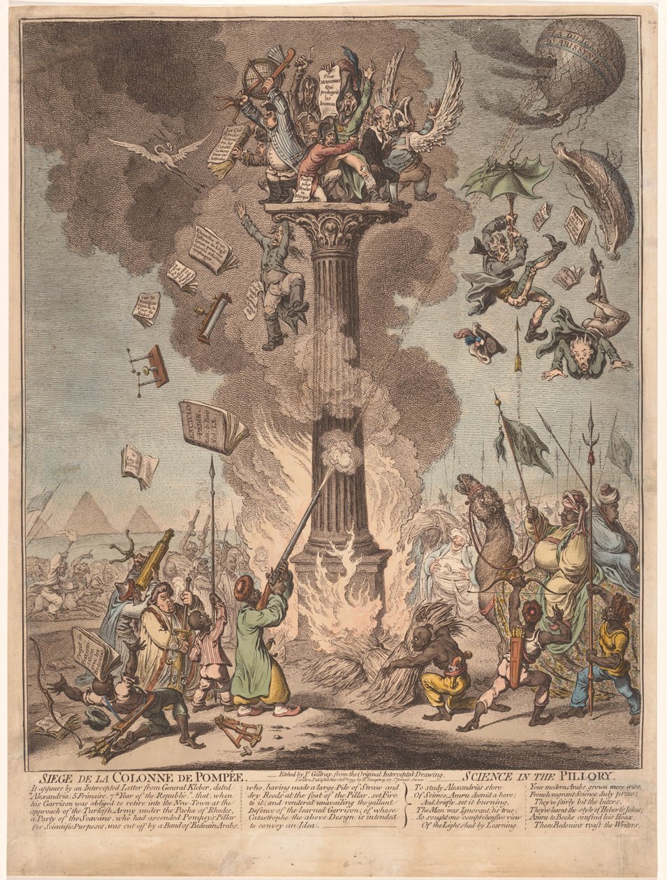 Karykatura francuskiej wyprawy do Egiptu, 1799 Siege de la Colonne de Pompee / Nauka pod pręgierzem (tytuł na obiekcie) autorstwa James Gillray