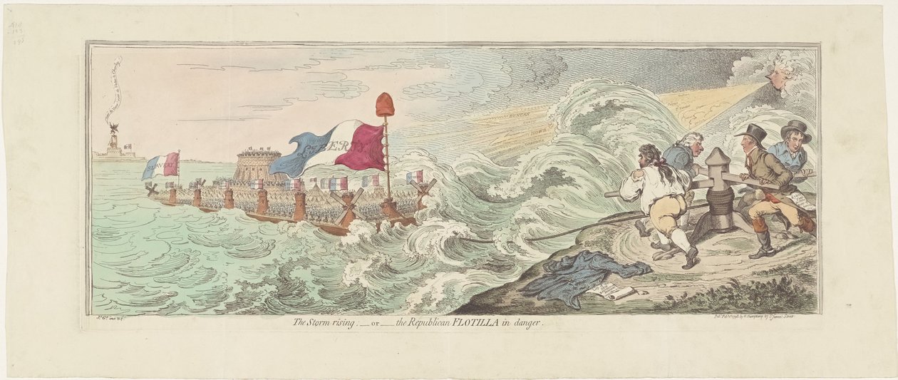 Karykatura francuskich planów inwazji na Anglię, 1798 Burza wschodząca - lub - Flotylla Republikańska w niebezpieczeństwie (tytuł na obiekcie) autorstwa James Gillray