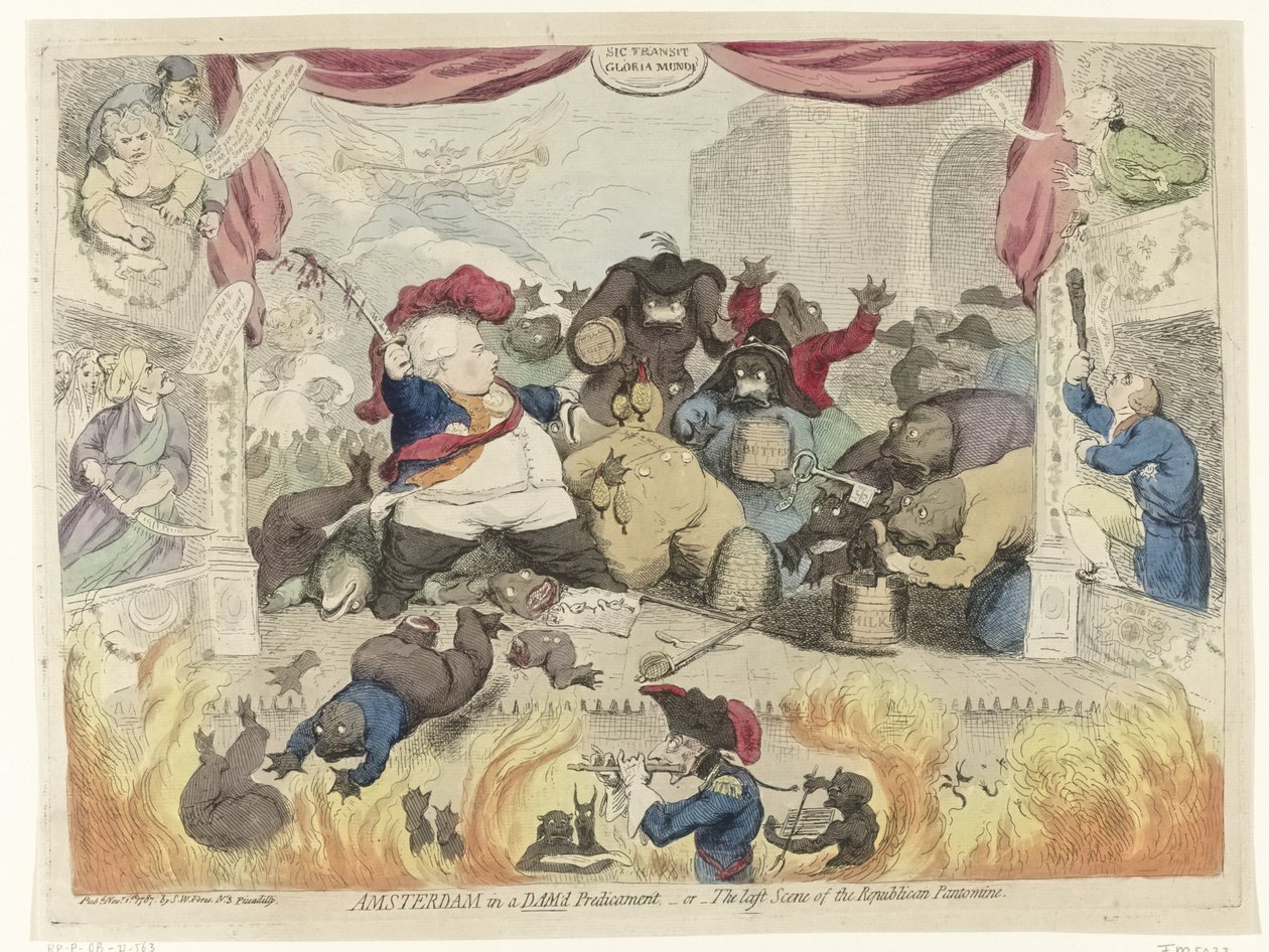 Karykatura paniki wśród patriotów po odzyskaniu namiestnika Wilhelma V, 1787 r. Amsterdam w trudnej sytuacji, - lub - Ostatnia scena republikańskiej pantomimy (tytuł na obiekcie) autorstwa James Gillray