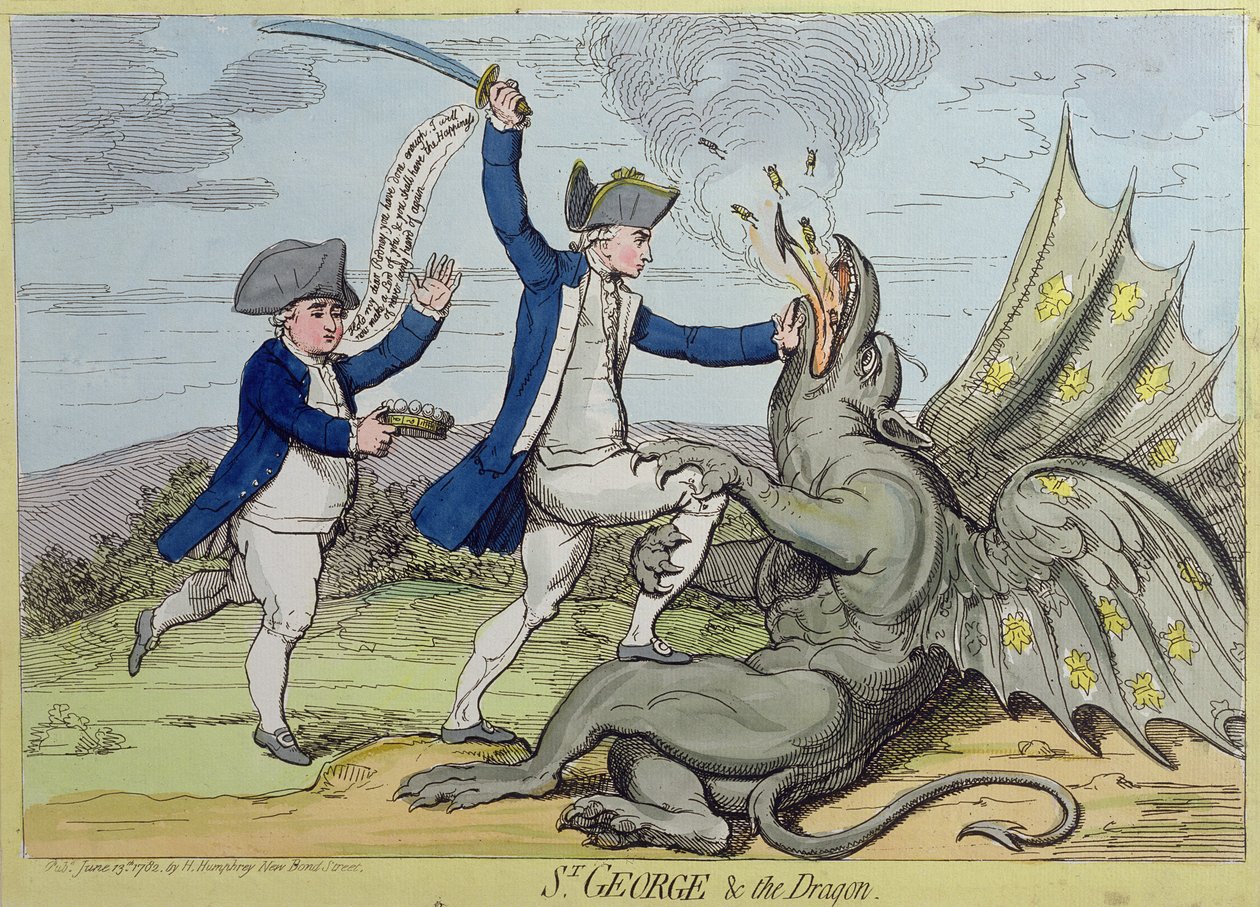 Św. Jerzy i smok, wydana przez Hannah Humphrey w 1782 r. (akwaforta ręcznie kolorowana) autorstwa James Gillray