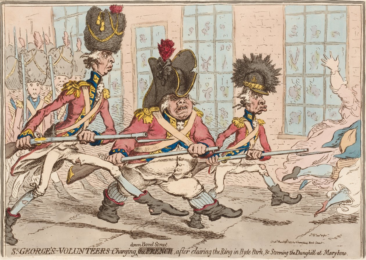 „Ochotnicy św. Jerzego szarżujący Bond Street, po oczyszczeniu pierścienia w Hyde Parku i szturmowaniu gnoju w Marlybone”? autorstwa James Gillray