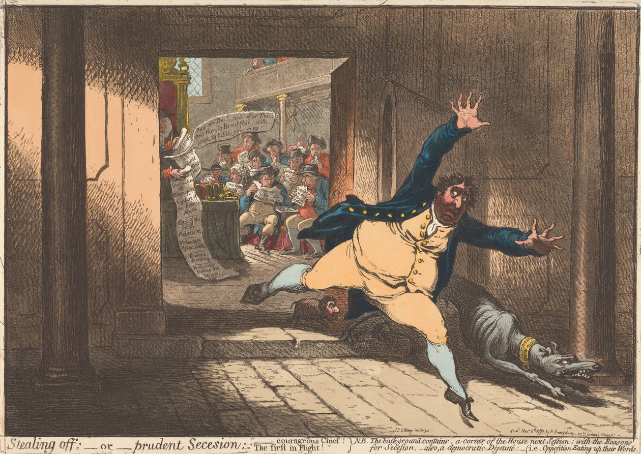 Ucieczka; – czyli – Rozważne odłączenie się. „Odważny Wódz – Pierwszy w ucieczce” autorstwa James Gillray