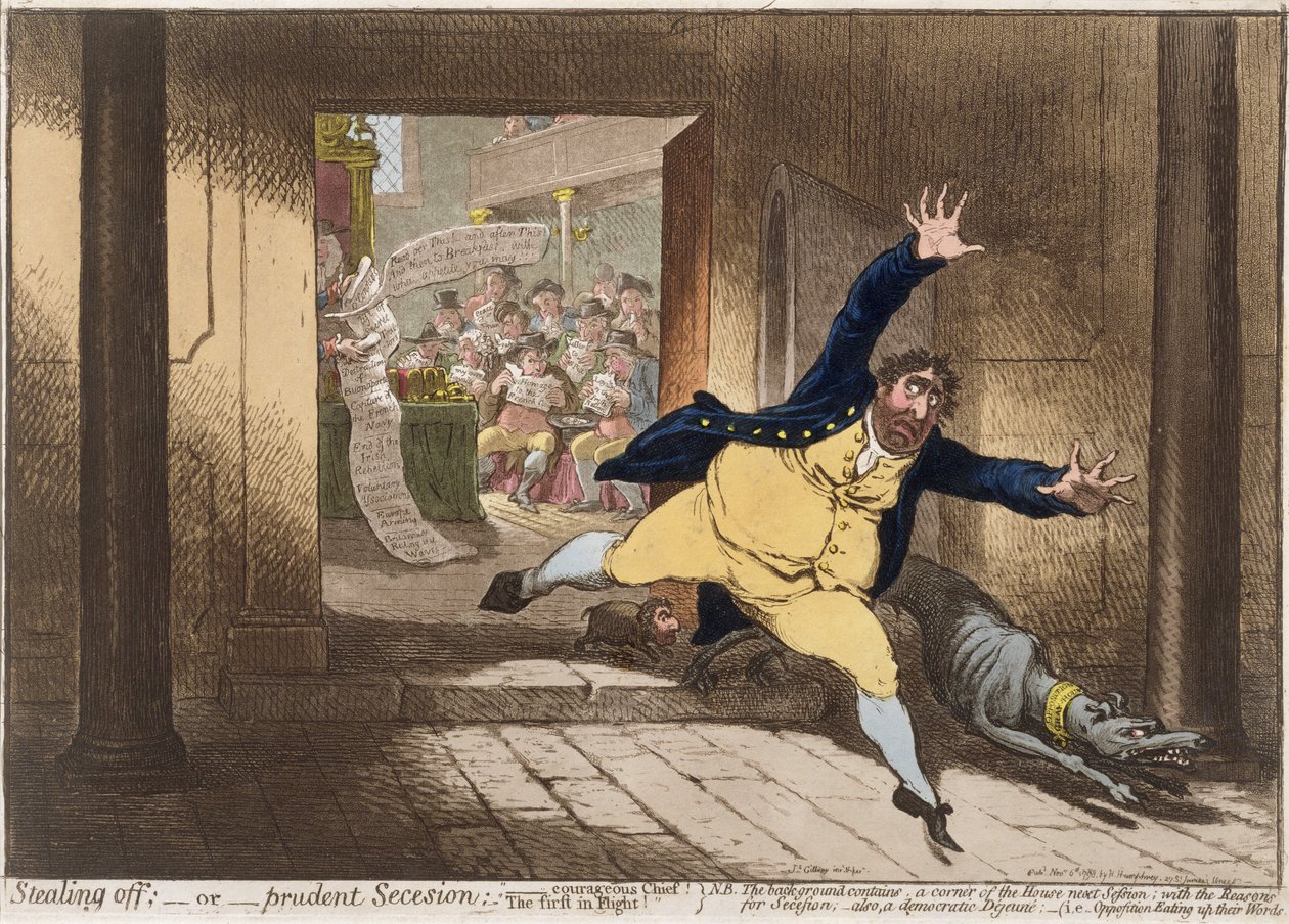 Stealing Off, czyli Roztropna Secesja, wydana przez Hannah Humphrey w 1798 r. (ręczna akwaforta z akwatintą) autorstwa James Gillray
