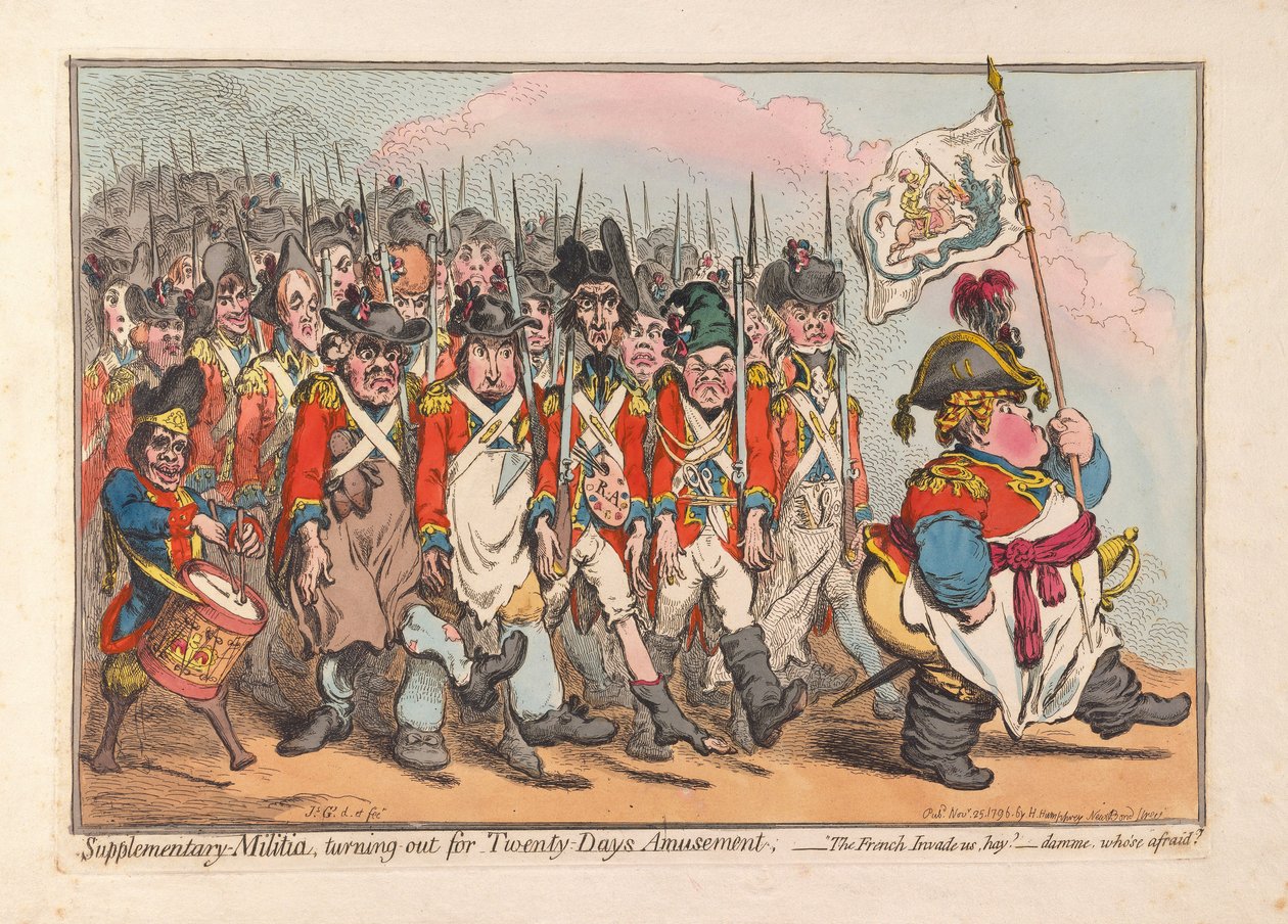 Milicja uzupełniająca, zgłaszająca się do Twenty Days Amusement, wyd. 1796 (grawerowanie ręcznie kolorowane) autorstwa James Gillray