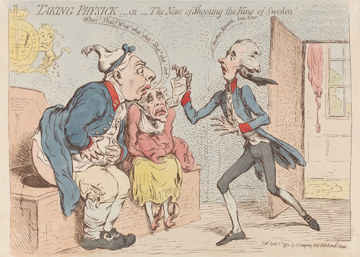 „Taking Physick”; – albo – „Wiadomość o zastrzeleniu króla Szwecji!” autorstwa James Gillray
