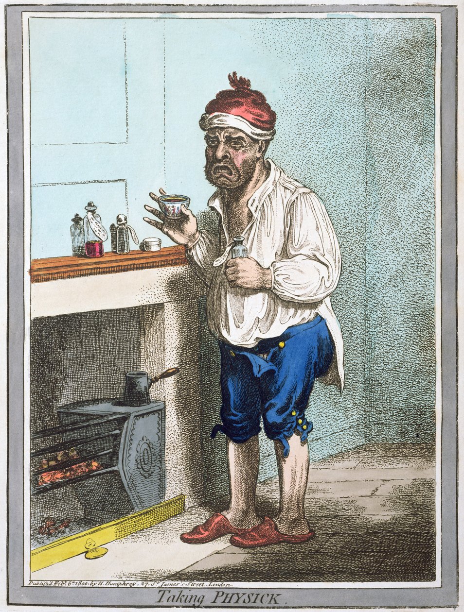 Taking Physick, opublikowane przez Hannah Humphrey w 1800 roku (akwaforta ręcznie kolorowana) autorstwa James Gillray