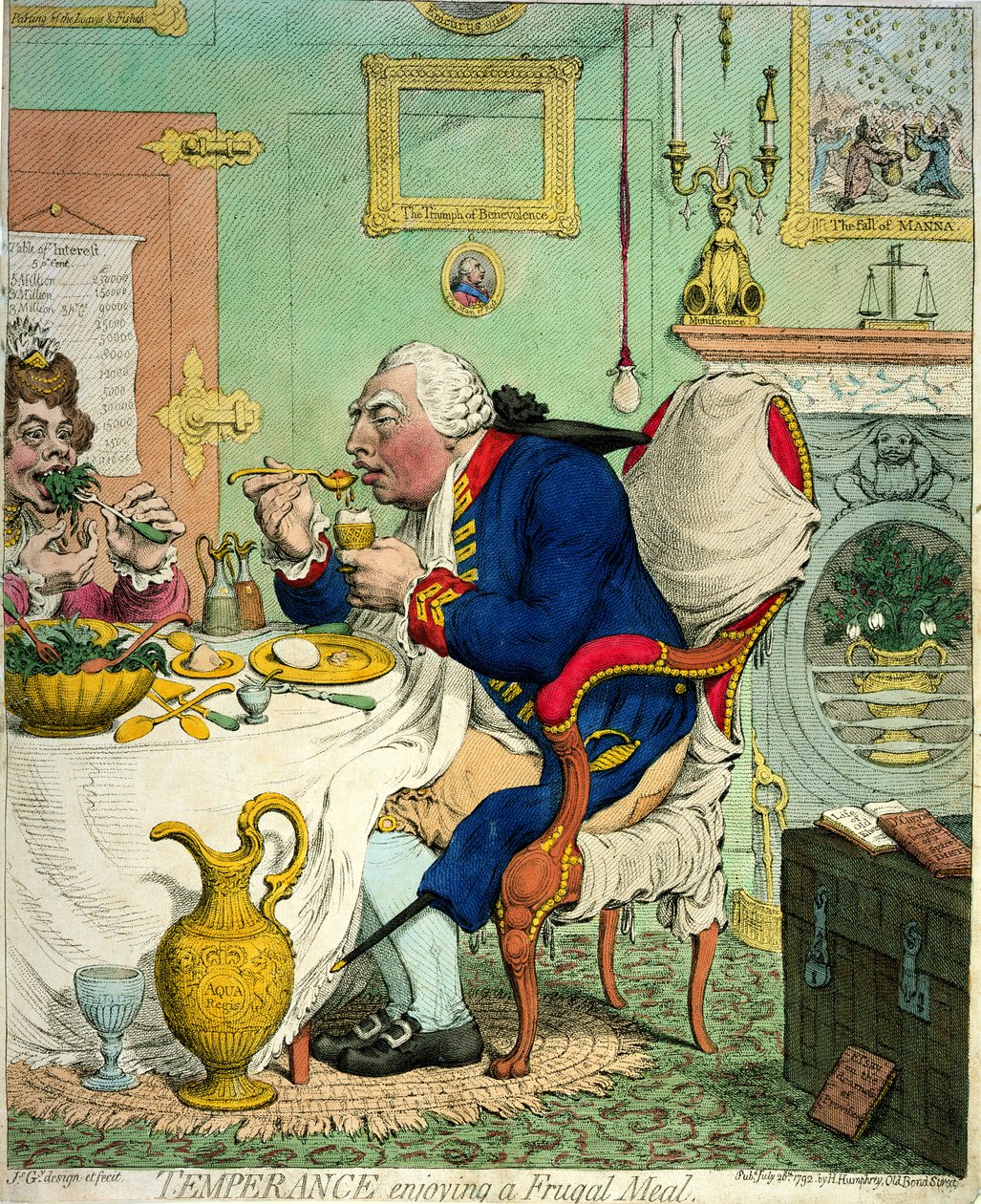 Umiarkowanie delektujący się oszczędnym posiłkiem, opublikowane przez Hannah Humphrey, 1792 autorstwa James Gillray