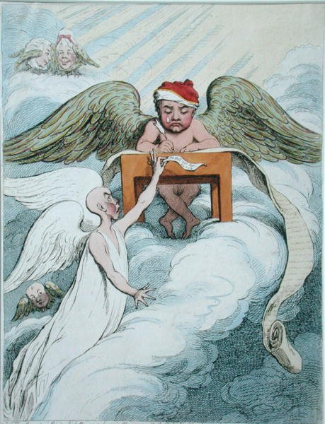 The Accusing Spirit and the Recording Angel, wydana przez Hannah Humphrey w 1791 r. (akwaforta ręcznie kolorowana) autorstwa James Gillray